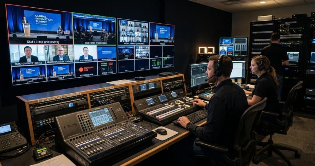 Seamless Transitions Between Physical Stages and Virtual Rooms | Hybrid Event Streaming